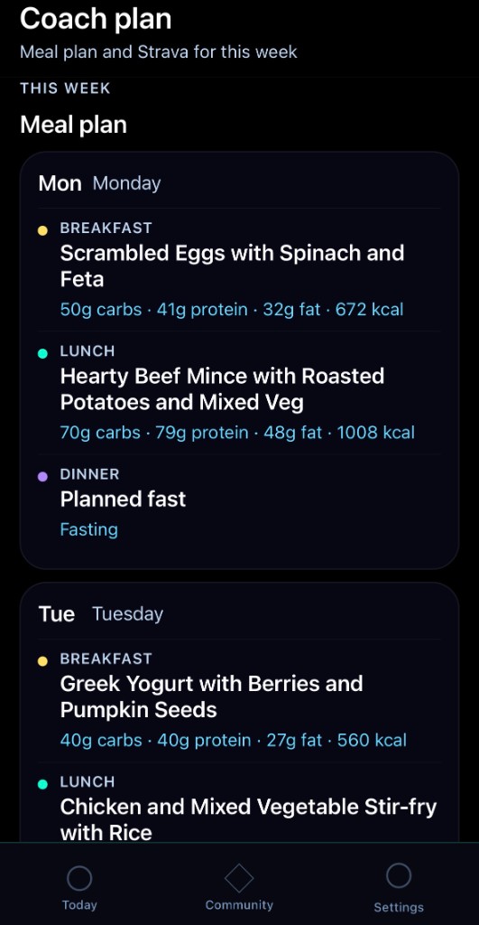 Coach meal plan in the app showing Monday and Tuesday meals with macros