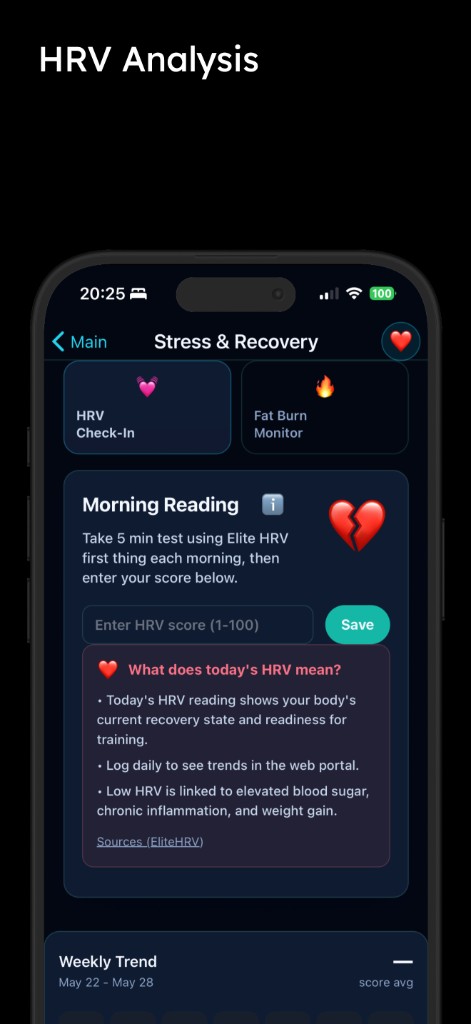 HRV stress and recovery check-in screen