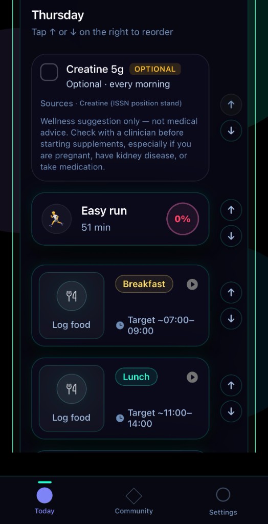 Today screen with supplement reminder, easy run session, and breakfast and lunch food logging